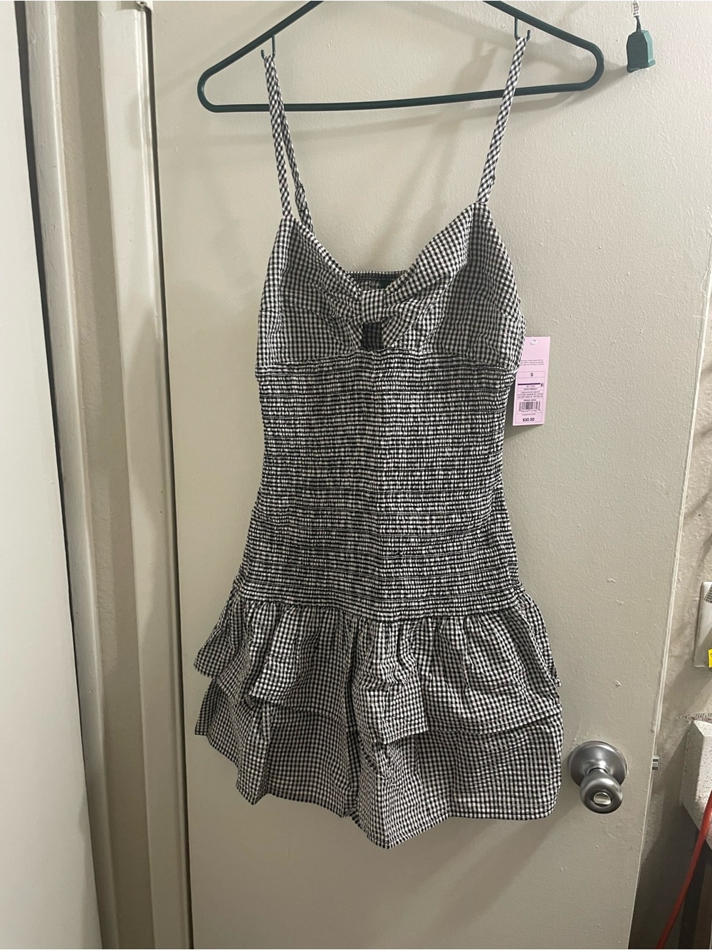 NWT Wild Fable Gray White Check Smocked Drop Waist Ruffle Cami Mini Dress S